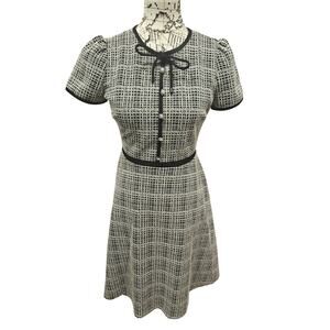 Karl Lagerfeld Jacquard Knit Bow Neck Pearl Button Fit Flare Dress 4 academia